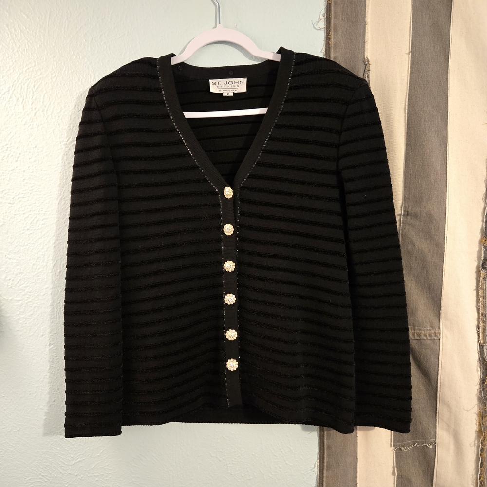 St. John Evening Black Chenille Striped Cardigan